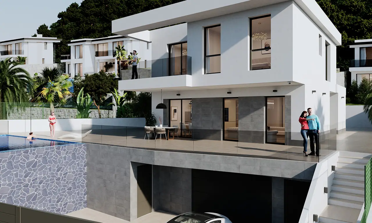 Luxury villas on two storeys with basement and panoramic sea views in Finestrat